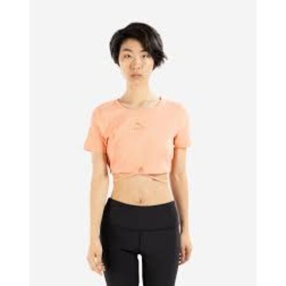 Puma Classic Fit Ribbed Crop Tee Pink Peach String Tie Bottom Hem Women's Large - Picture 1 of 6